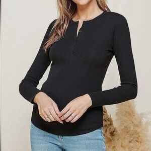 Women's Black Long Sleeve Henley Top